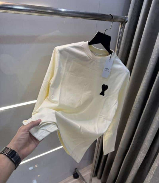 Ami Paris Cream Patch Logo Premium Full Sleeve T-Shirt