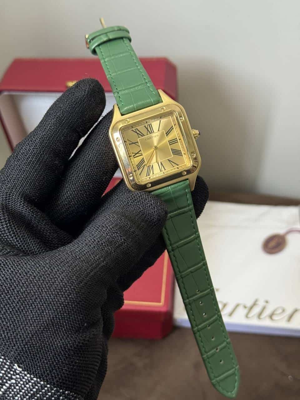 Cartie r Santos Dumont Green Leather Strap Quartz Watch