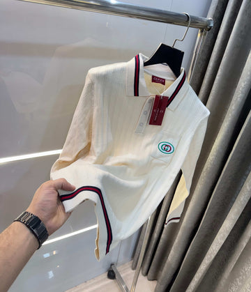 Gucc i Cream Logo Work Imported Knitted Polo T-Shirt