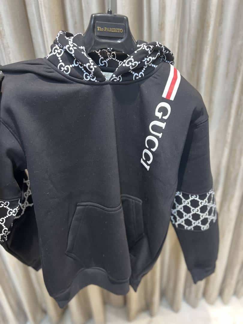 GUCC_I BLACK PREMIUM HOODIES AVAILABLE IN ULTRA PREMIUM QUALITY WITH MONOGRAM ON SLEEVES
