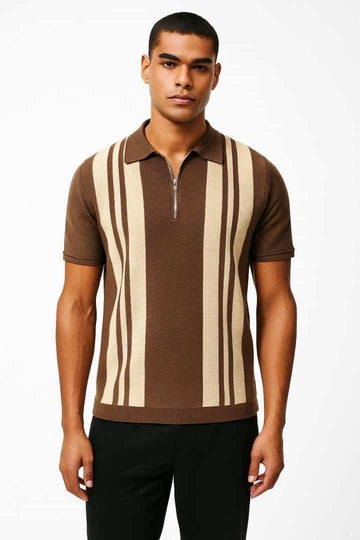 ZAR_A BROWN KNITTED POLO ZIPPER TSHIRT