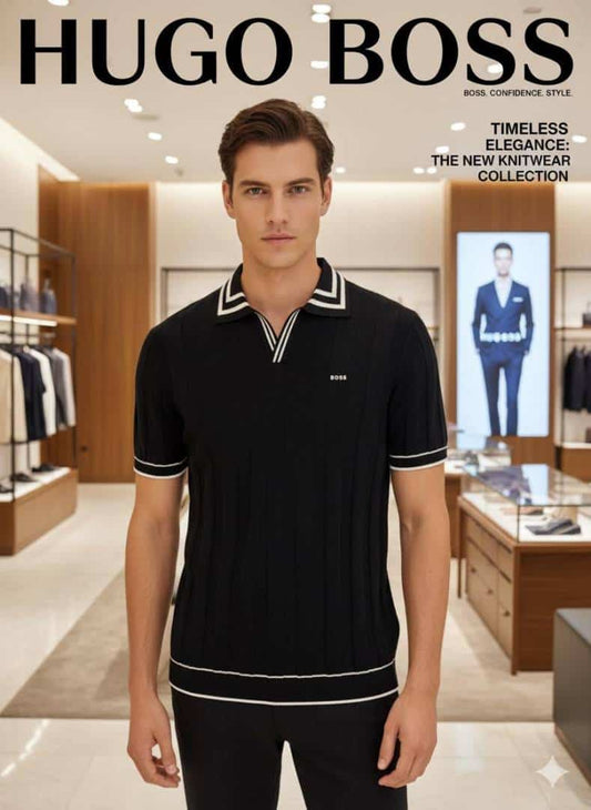 HUGO BOS_S KNITTED POLO T SHIRT IN BLACK COLOUR