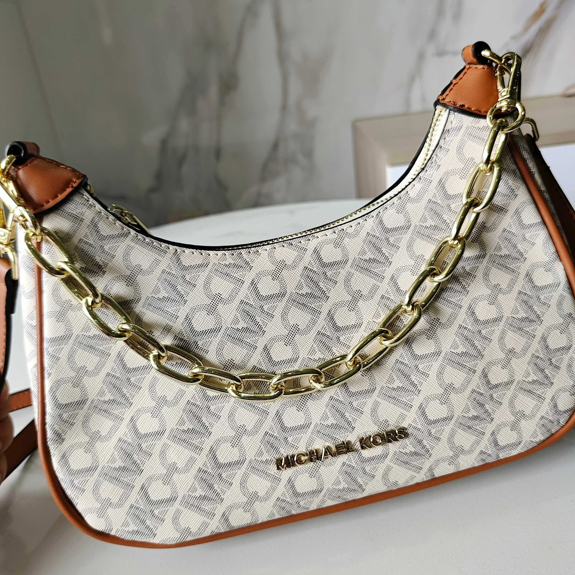 Michael Kors Cora Mini Zip Pouchette Beige Brown With OG Box & Dust Cover 100822