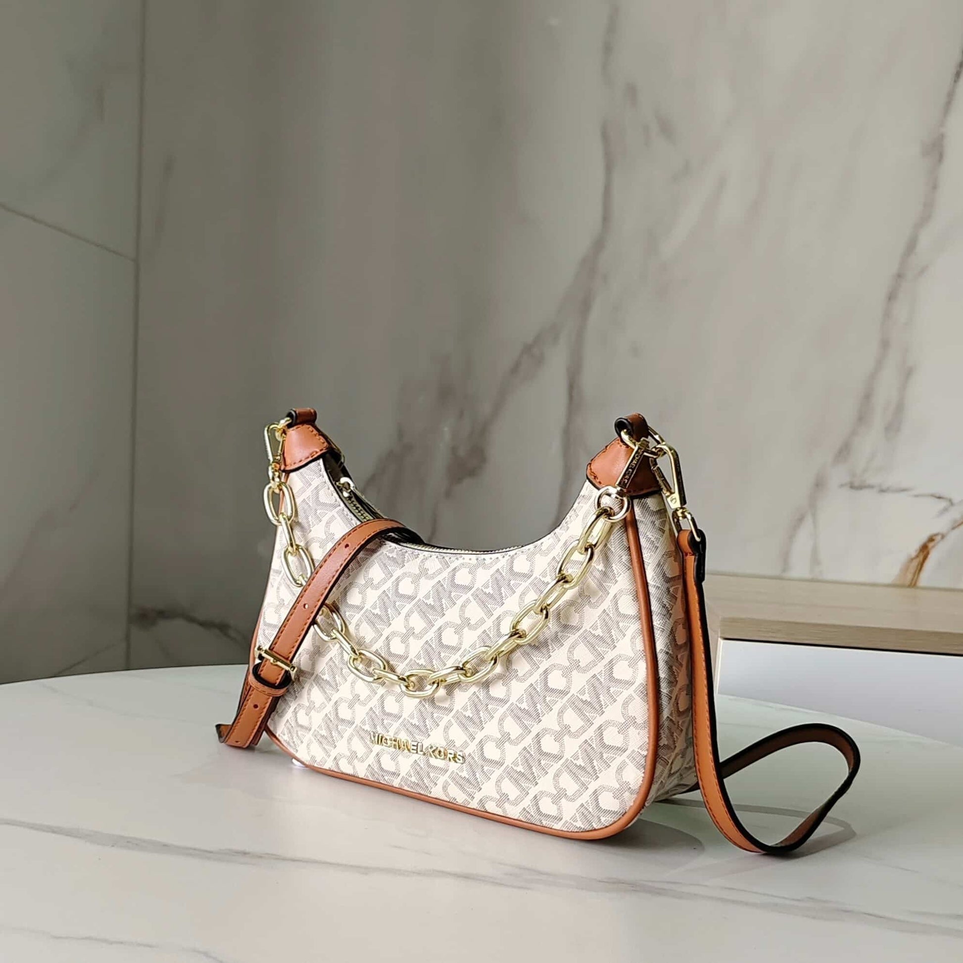 Michael Kors Cora Mini Zip Pouchette Beige Brown With OG Box & Dust Cover 100822