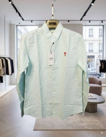 Ami Paris Acqua Green Stripes Embroidery Logo Premium Shirt (1847)