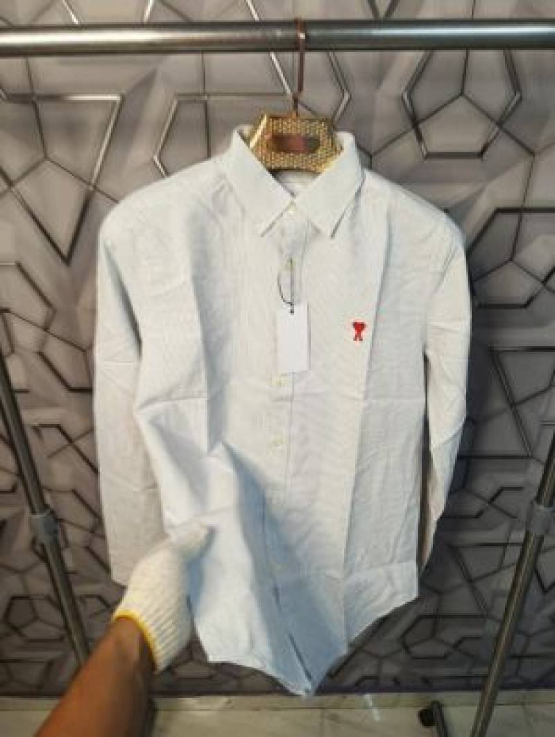 Ami Paris Grey Stripes Embroidery Logo Premium Shirt (1846)