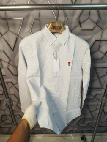 Ami Paris Grey Stripes Embroidery Logo Premium Shirt (1846)
