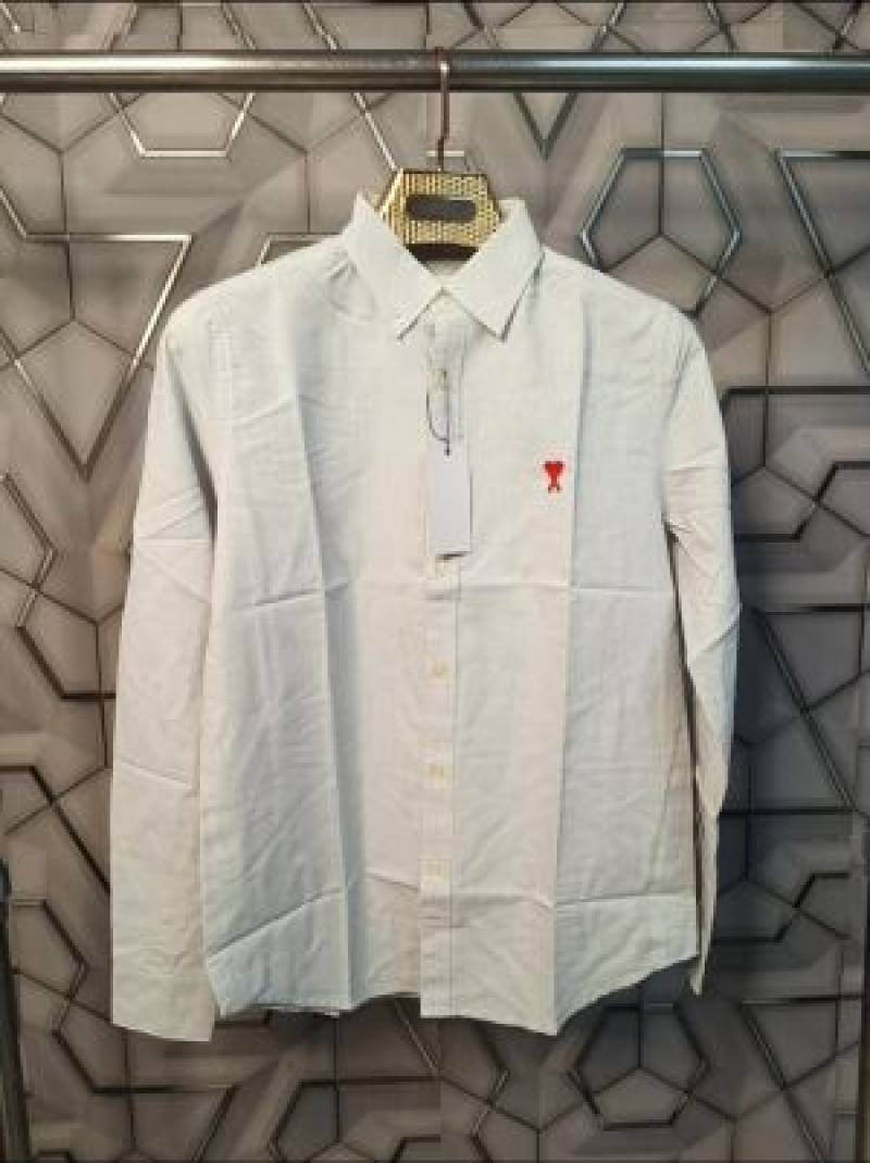 Ami Paris Grey Stripes Embroidery Logo Premium Shirt (1846)