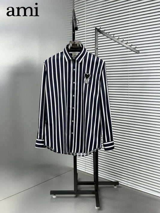Ami Paris Navy Blue Stripes Patch Logo Premium Shirt (1962)