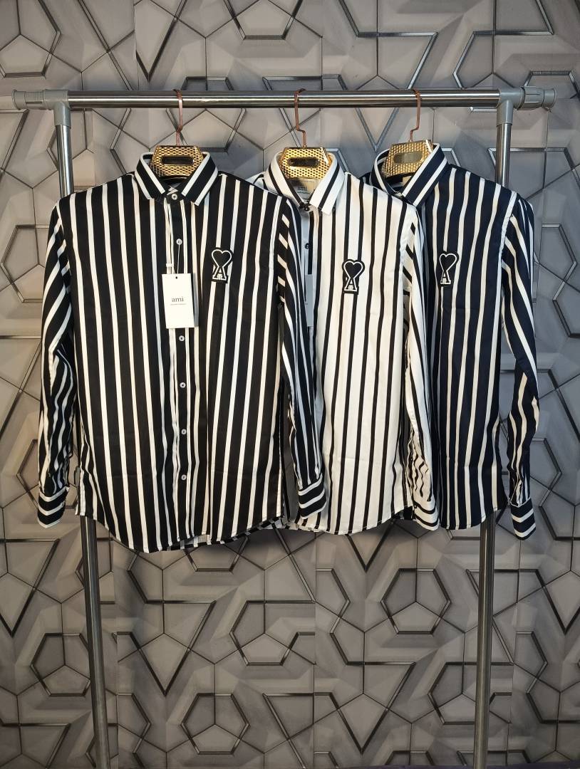 Ami Paris Navy Blue Stripes Patch Logo Premium Shirt (1962)