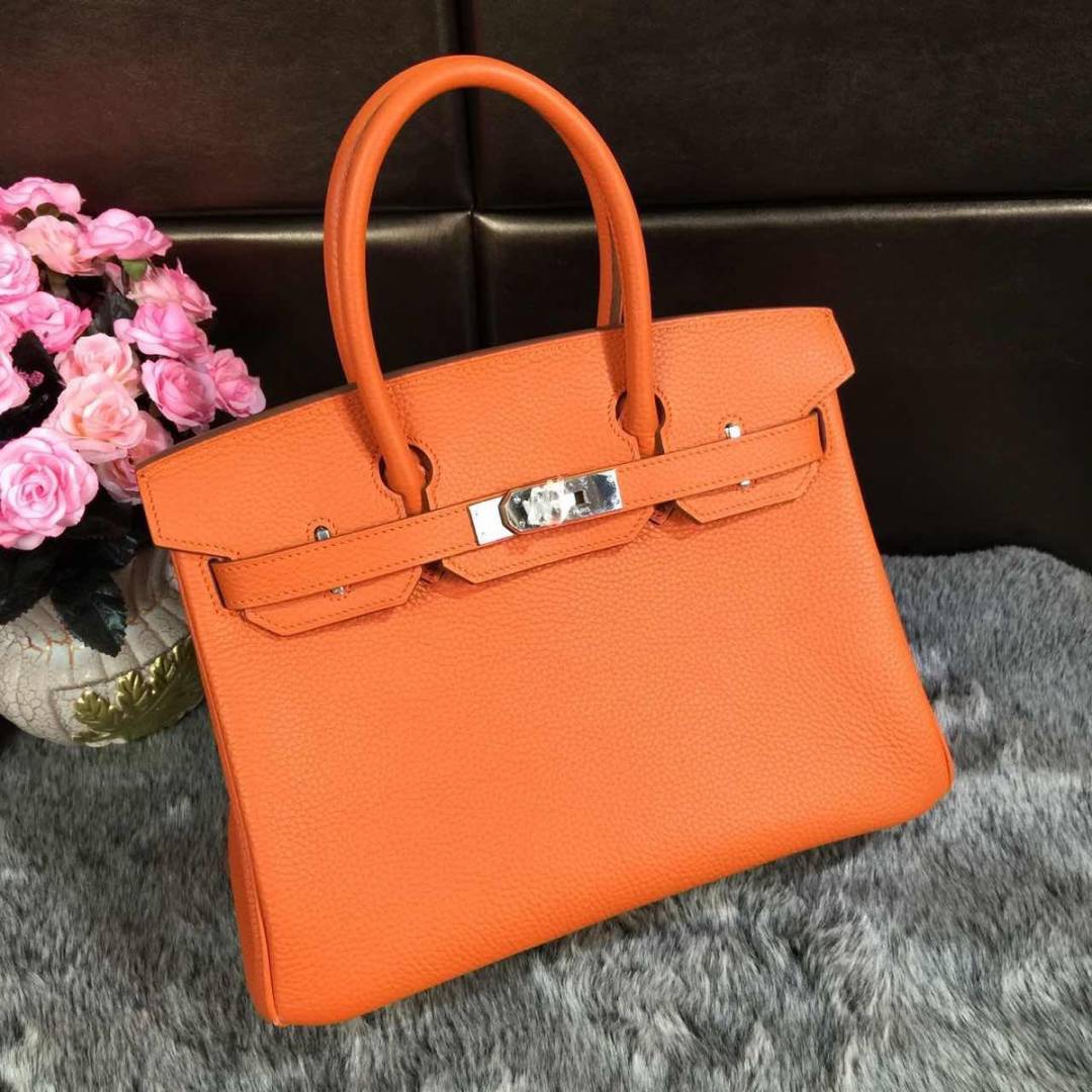Hermes Orange Togo Leather Palladium Hardware Birkin 30 Bag With Og Box And All Accesories1015