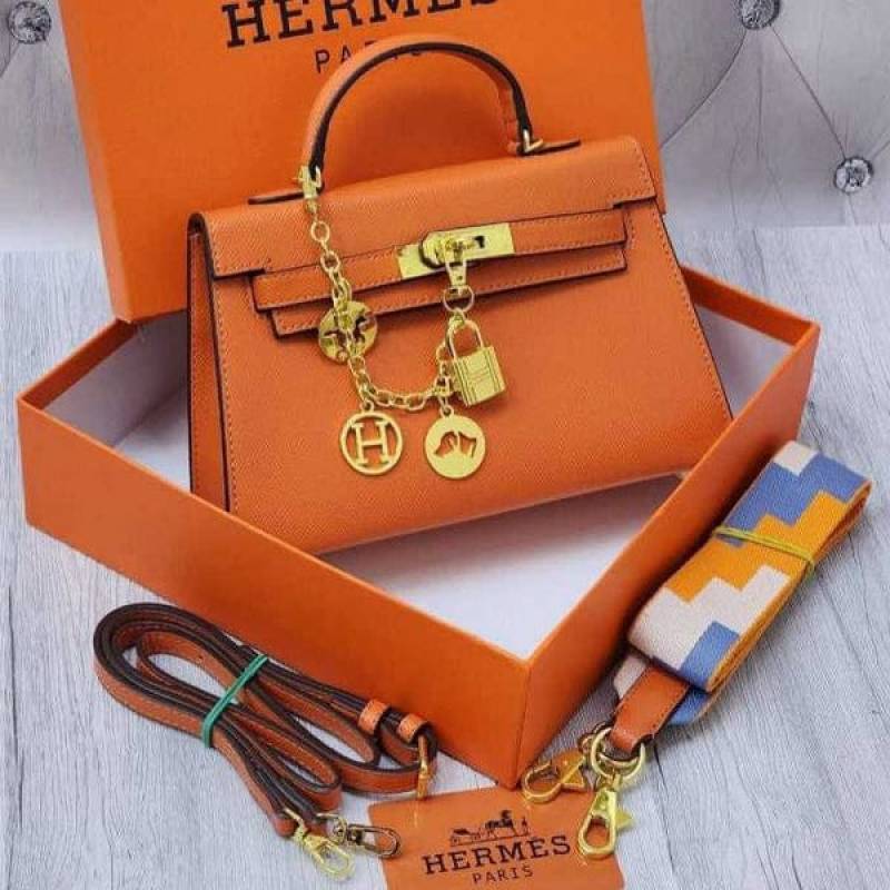 Herms Kelly Mini Epsom Leather Orange With Charms 2 Belts OG Box Dust Bag Cards And CarryBag 1009