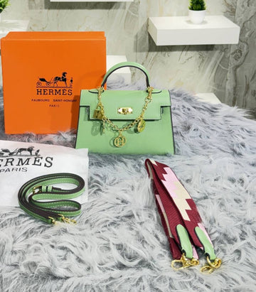 Herms Kelly Mini Epsom Leather Green With Charms 2 Belts OG Box Dust Bag Cards And Gift Bag 1009