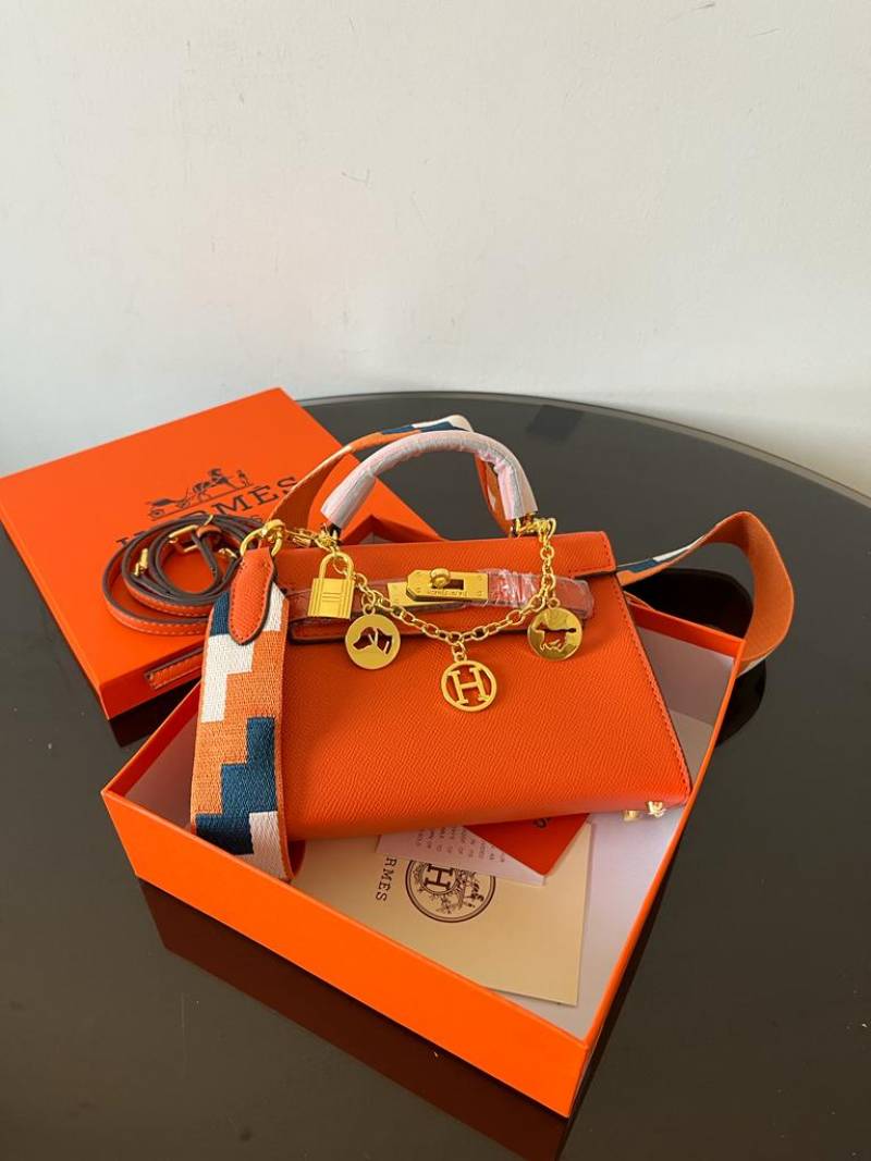 Herms Kelly Mini Epsom Leather Orange With Charms 2 Belts OG Box Dust Bag Cards And CarryBag 1009