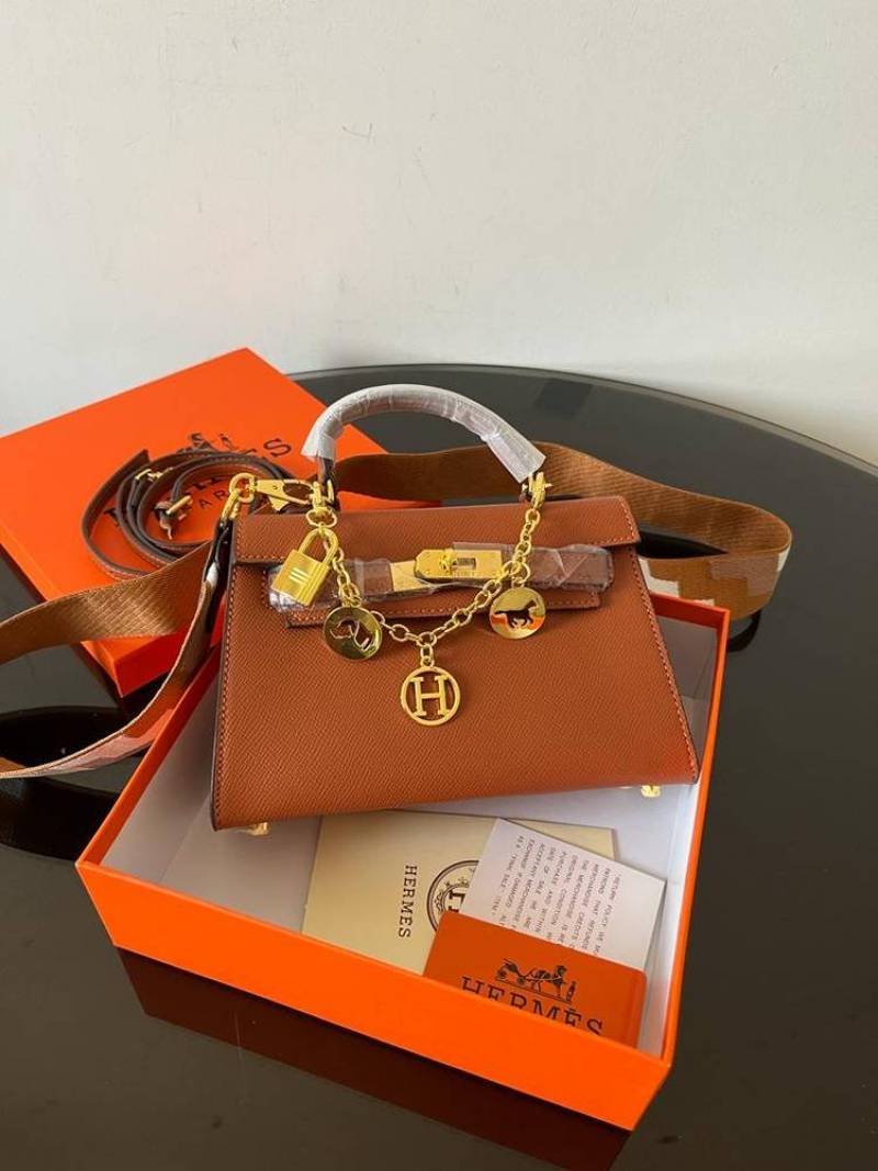 Herms Kelly Mini Epsom Leather Brown With Charms 2 Belts OG Box Dust Bag Cards And Gift Bag