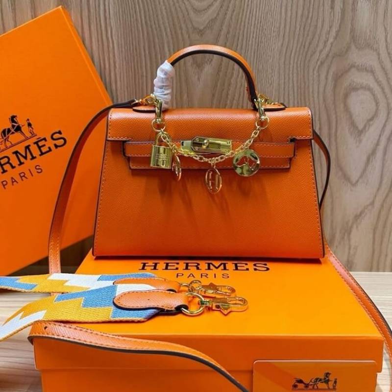 Herms Kelly Mini Epsom Leather Orange With Charms 2 Belts OG Box Dust Bag Cards And CarryBag 1009