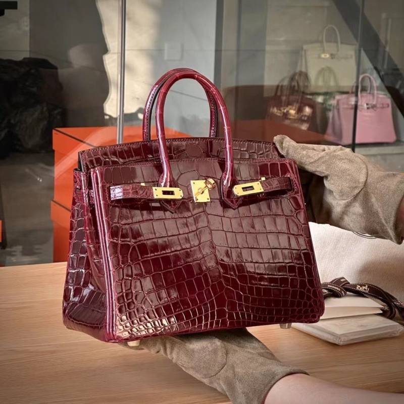 Herms Birkin HSS 25 Noir (wine-Red)Bleu Saphir Crocodile Porosus Lisse Palladium Hardware 6002