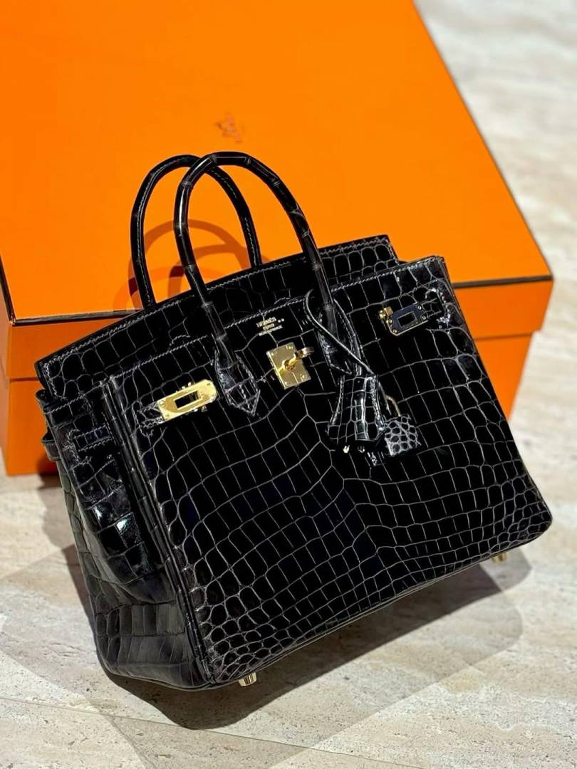 Herms Birkin HSS 25 Noir (Black)Bleu Saphir Crocodile Porosus Lisse Palladium Hardware 6002