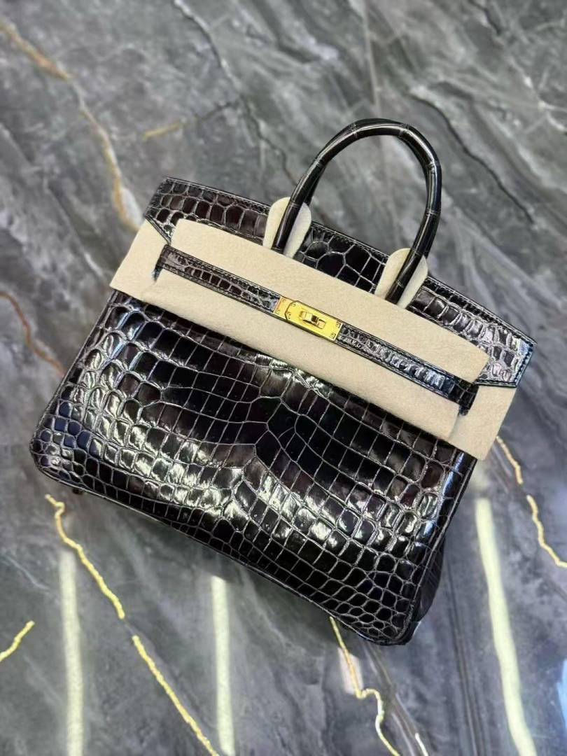 Herms Birkin HSS 25 Noir (Black)Bleu Saphir Crocodile Porosus Lisse Palladium Hardware 6002
