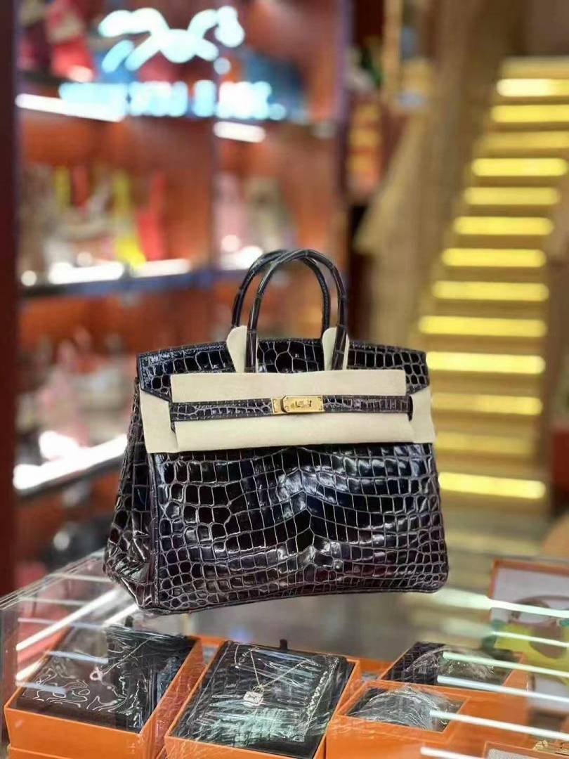 Herms Birkin HSS 25 Noir (Black)Bleu Saphir Crocodile Porosus Lisse Palladium Hardware 6002