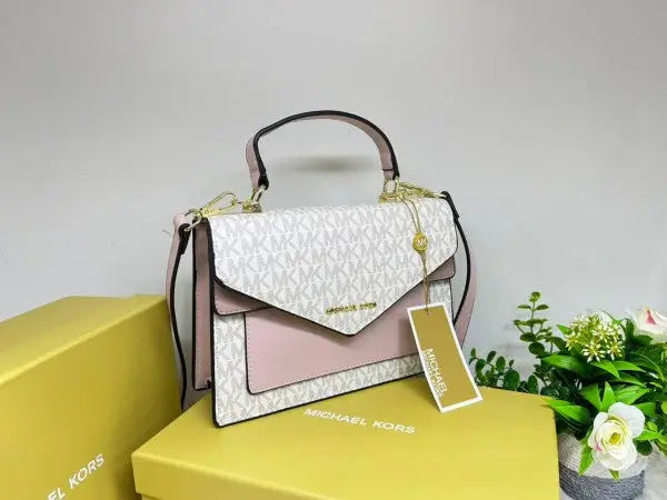 Michael_Kors Mk Ludlow Signature Leather Satchel Bag With Box White Pink 3328