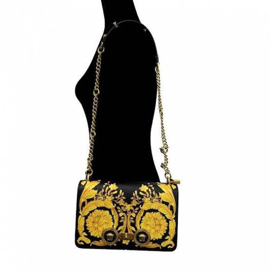 Versace BlackYellow Baroque Print Leather Icon Medusa Shoulder Bag