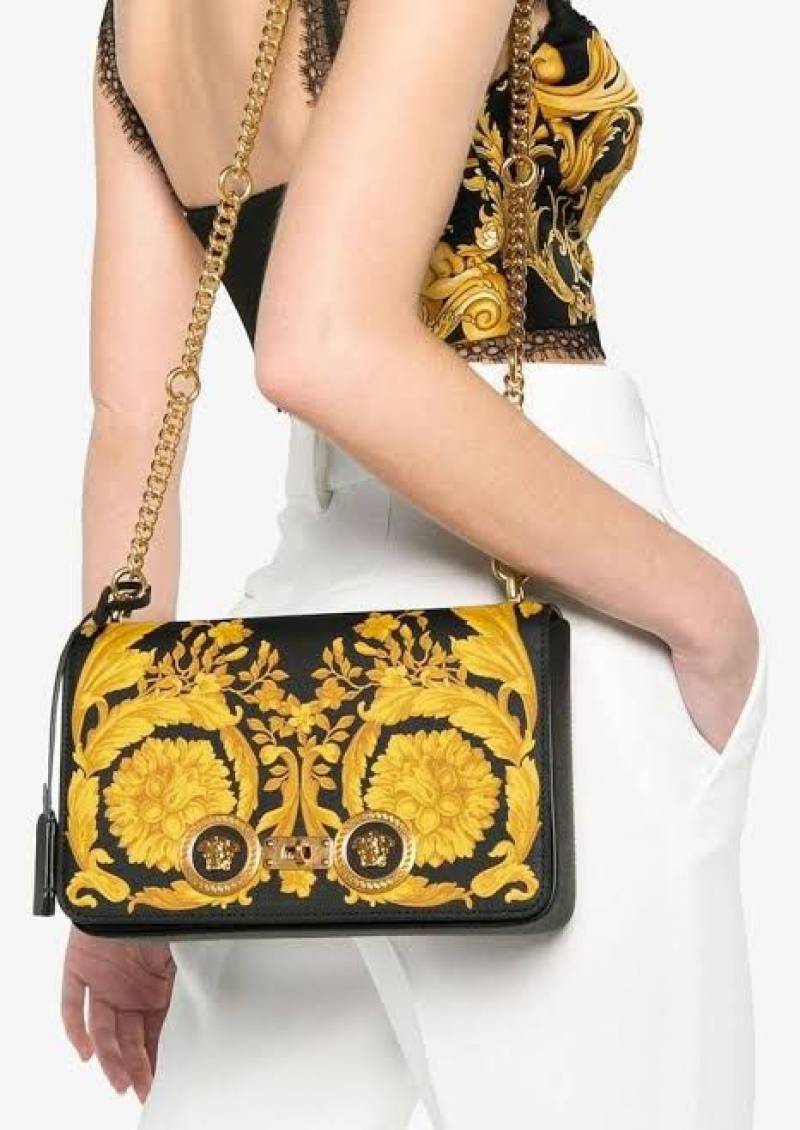 Versace BlackYellow Baroque Print Leather Icon Medusa Shoulder Bag