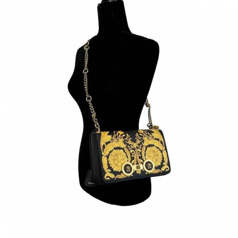Versace BlackYellow Baroque Print Leather Icon Medusa Shoulder Bag