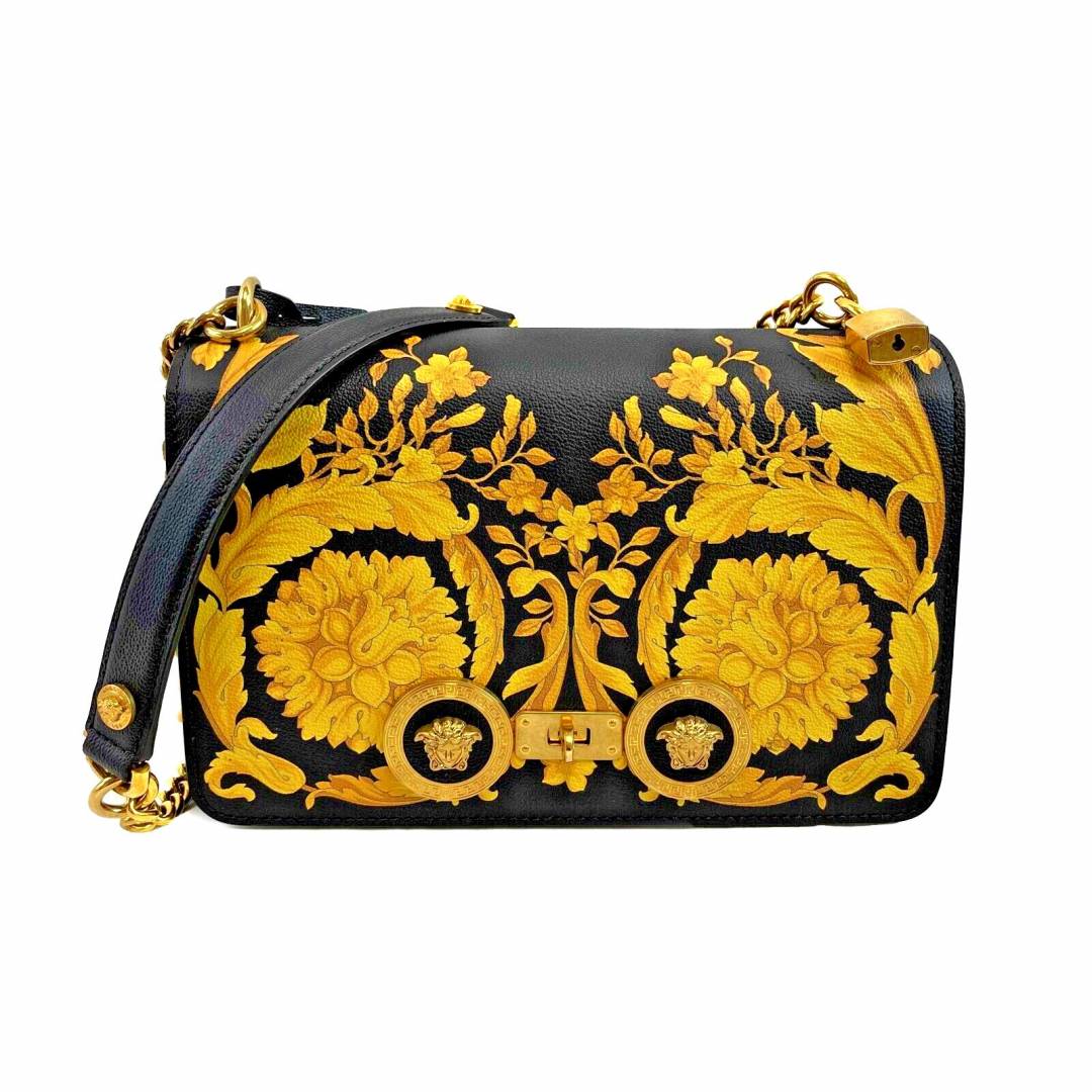 Versace BlackYellow Baroque Print Leather Icon Medusa Shoulder Bag