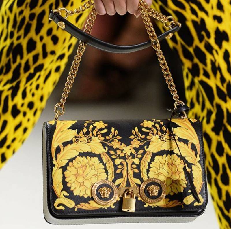Versace BlackYellow Baroque Print Leather Icon Medusa Shoulder Bag