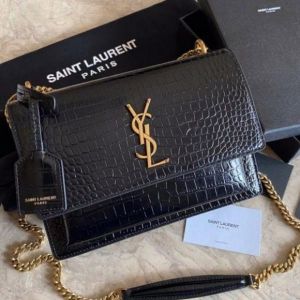 Ysl Saint Laurent Sunset bag Black Croc-Embossed Leather With OG Box Dust Cover 2504-1 Black