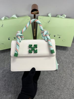 Off-White Leather Insert Gummy Greeny with Metallic Green Arrows At Front. Rope Handle Jitney 1.4 Shoulder Bag (D88532 White)
