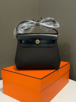 Hermes Herbag Zip 20 Noir Black Canvas Gold Hardware Bag With OG & Dust Bag 90