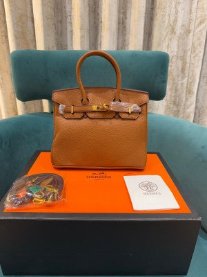 Hermes Brown Togo Leather Rose Gold Hardware Birkin Bag With Dust Bag & OG Box (BK25 Brown)