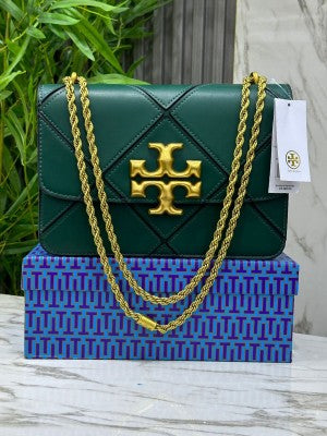 Tory_Burch_Green Diamond Quilt Leather Eleanor Shoulder Bag With OG Box & Dust Bag TR084 Green