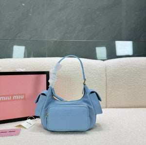 Miu Miu Pocket Logo-Embossed Shoulder Bag With OG Box & Dust Bag (161 Blue)