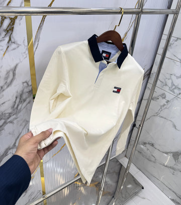 Tommy  Hilfiger Cream Logo Work Premium Full Sleeve Polo T-Shirt