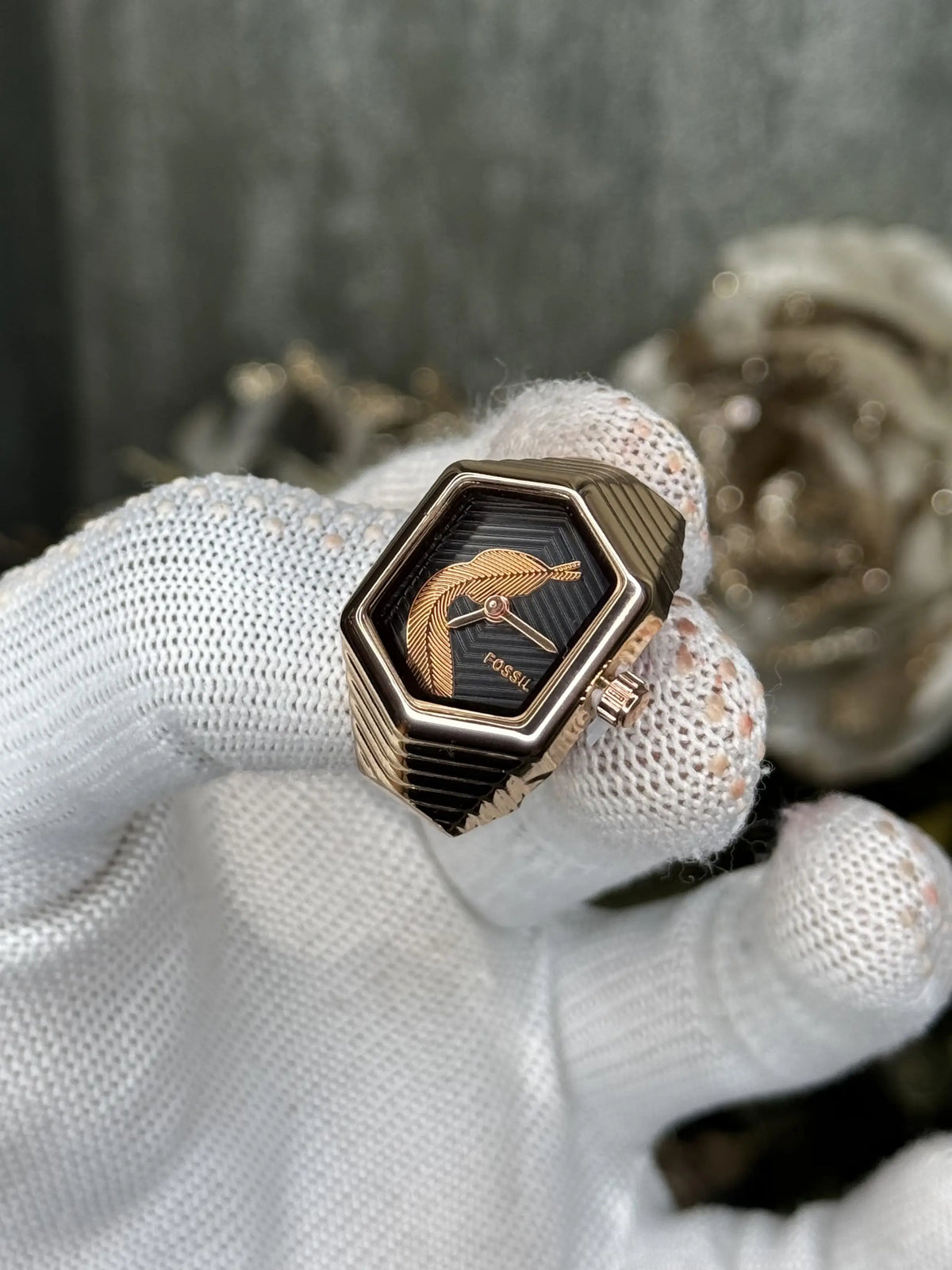 Fossi l Serpentine RoseGold Black Ring Analog Watch