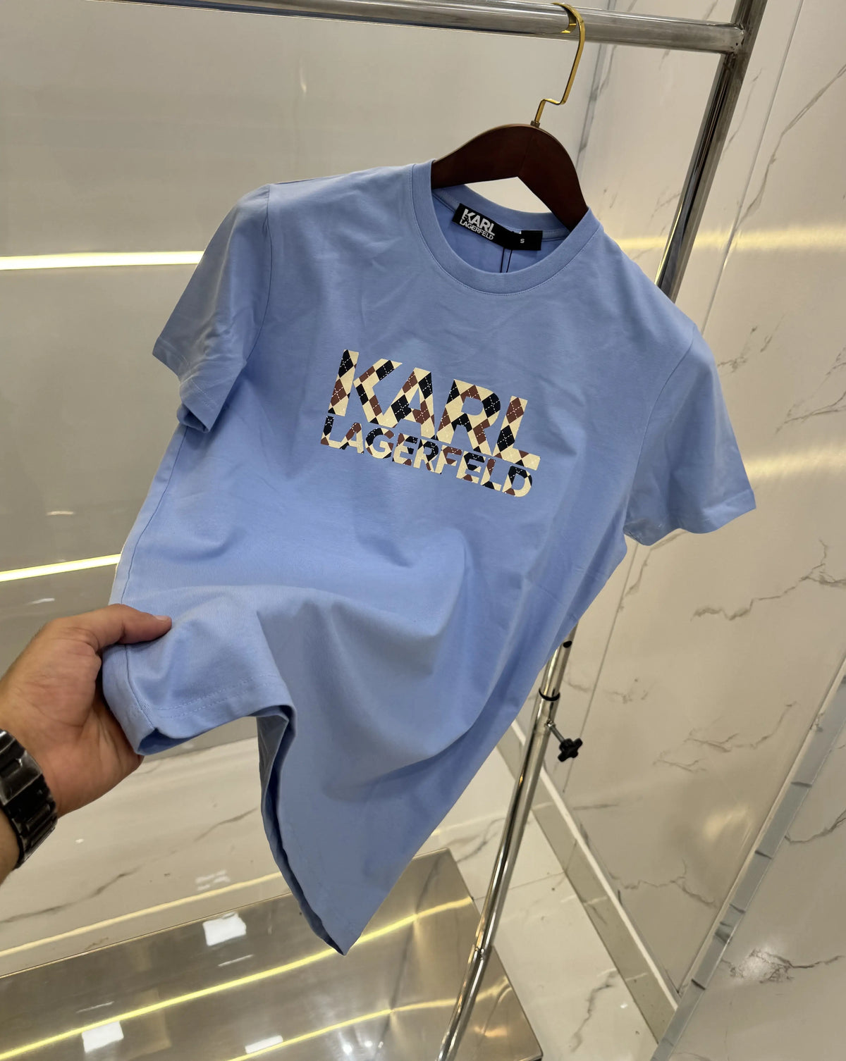 Kar l Lagerfeld Sky Blue Logo Print Premium T-Shirt