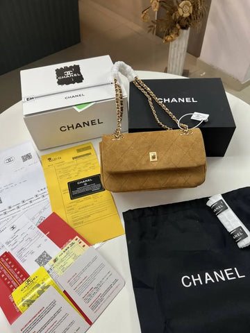 Chennell camel suede quilted flap bag gold-tone with signature chain strap OG QUALITY WITH TWO BOX