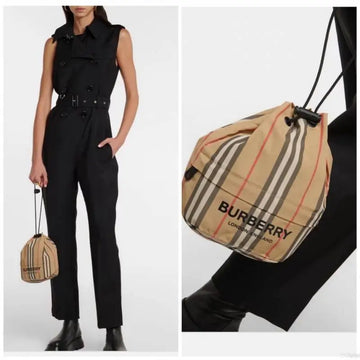 Burbeery Phoebe Bucket Drawstring Pouch Bag Icon Stripe E Canvas Medium With 2 Extra Starp OG Box  Dust Bag